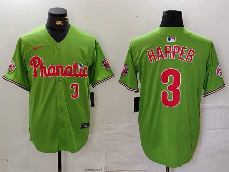 Mens Philadelphia Phillies #3 Bryce Harper Number Green With Patch Stitched Cool Base Nike Jersey->philadelphia phillies->MLB Jersey